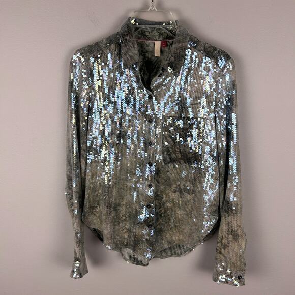 Anthropologie Pilcro Boho Tie Dye Sequin Long Sleeve Button Front Blouse S - Picture 3 of 8